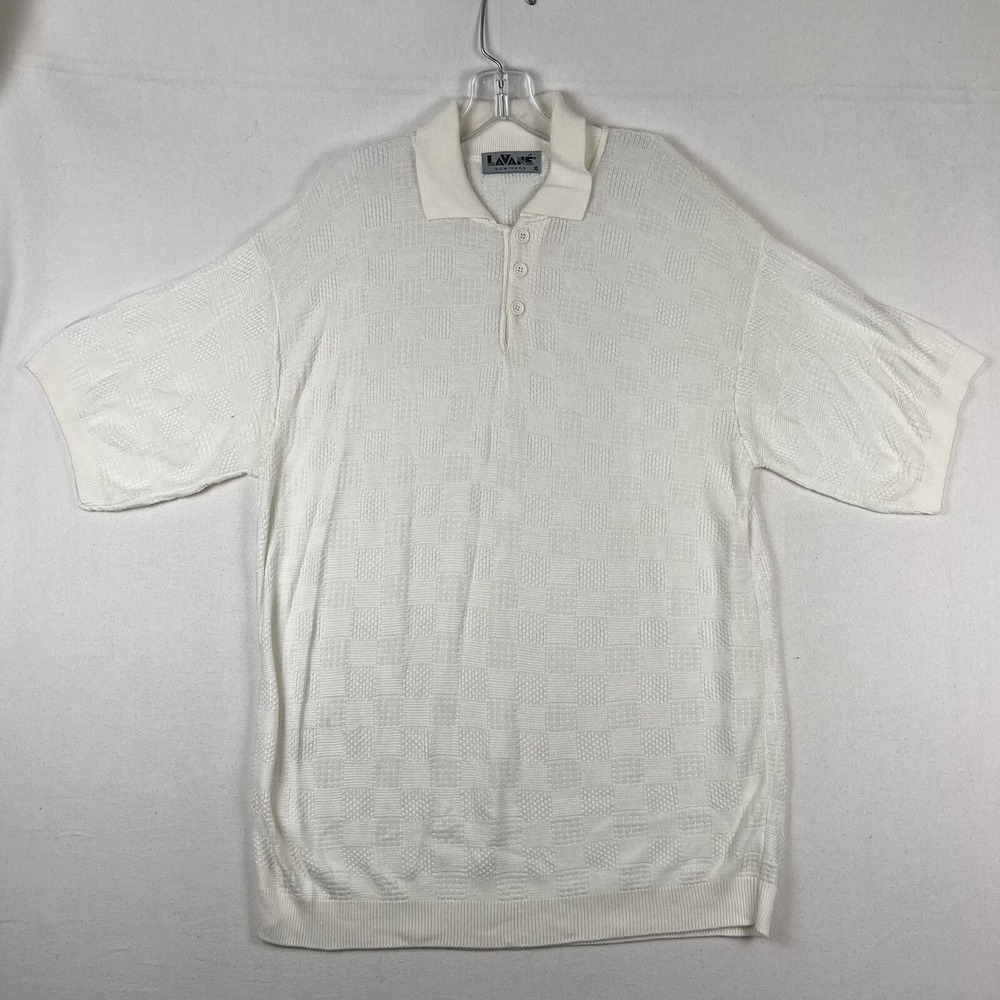 Lavane New York Polo Shirt Mens XL Geometric Square‎ Design Knit White USA Made